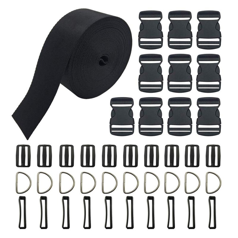 Vtete 2 Inch 10 Yards Black Nylon Heavy Webbing Strap + 10 PCS 2" Flat Side Release Buckles, D Rings and Tri-Glide Slides - Plastic Buckles Kit for DIY Pet Collar, Luggage Straps & Backpack Repairin - Image 1